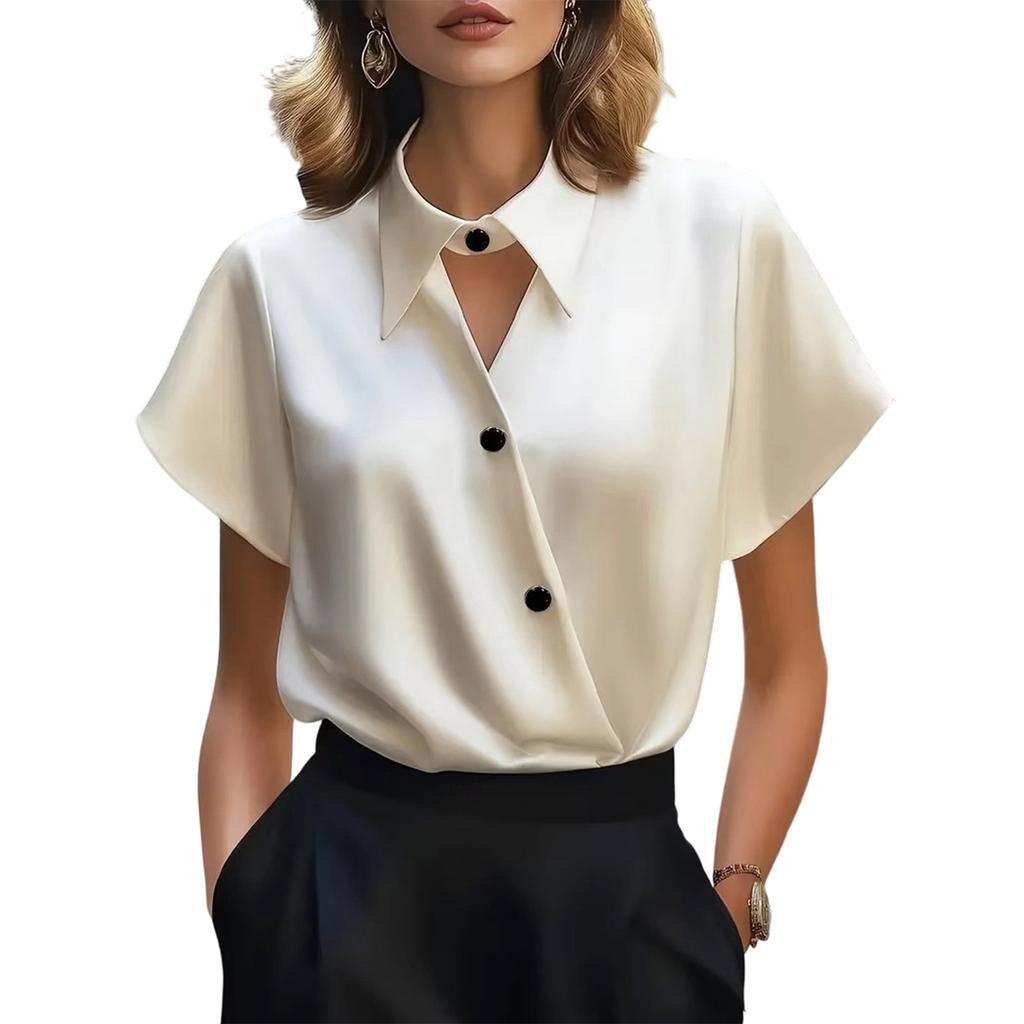 Women Satin Short Sleeve Shirt Notched Collar Hollow Out Asymmetric Placket Office Blouse for Daily