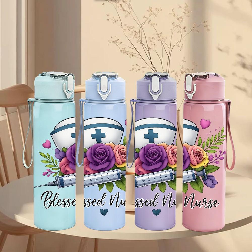 1PC Blessed Nurse Flower Badge 750ml Color Plastic Sports Water Bottle Leakproof Flip Straw Lid Suitable for Sports Office Home Use