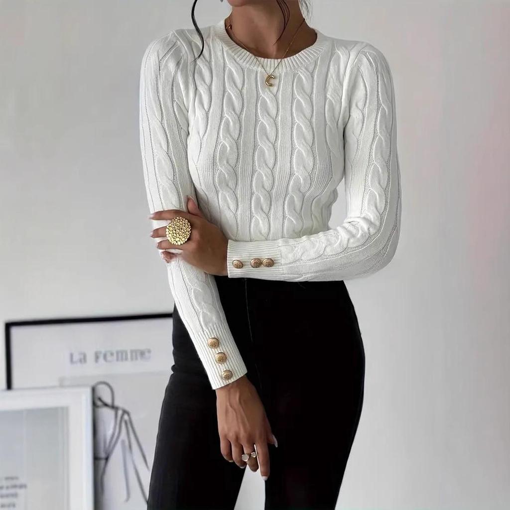 Women's Cross-Border Hot-Selling Cable Knit Pullover Sweater - Milk White, Round Neck, Autumn/Winter Top.