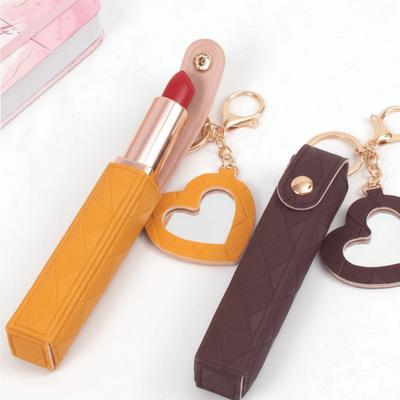 Portable Mini Lipstick Bag Keychain Keychain Design PU Leather Lipsticks Protective Cover with Heart-shaped Mirror