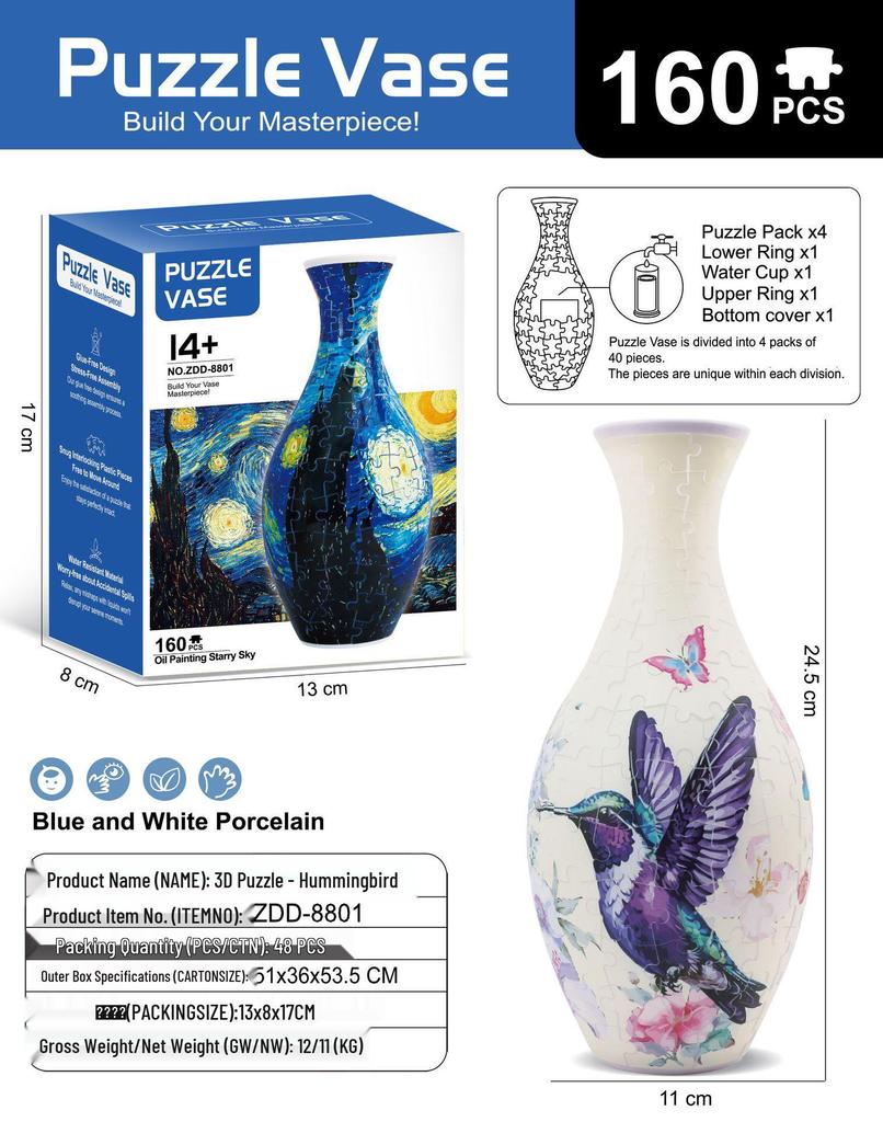 Blue & White Porcelain 3D Puzzle Vase: DIY Ornament & Flower Arrangement Toy for Kids