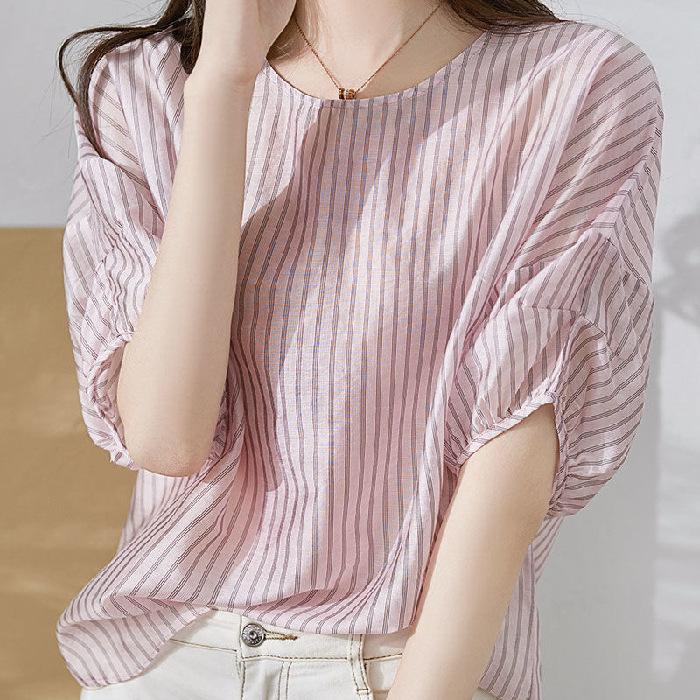 

Design short-sleeved striped shirt women s 2025 summer casual loose drape top slimming women s clothing S розовый