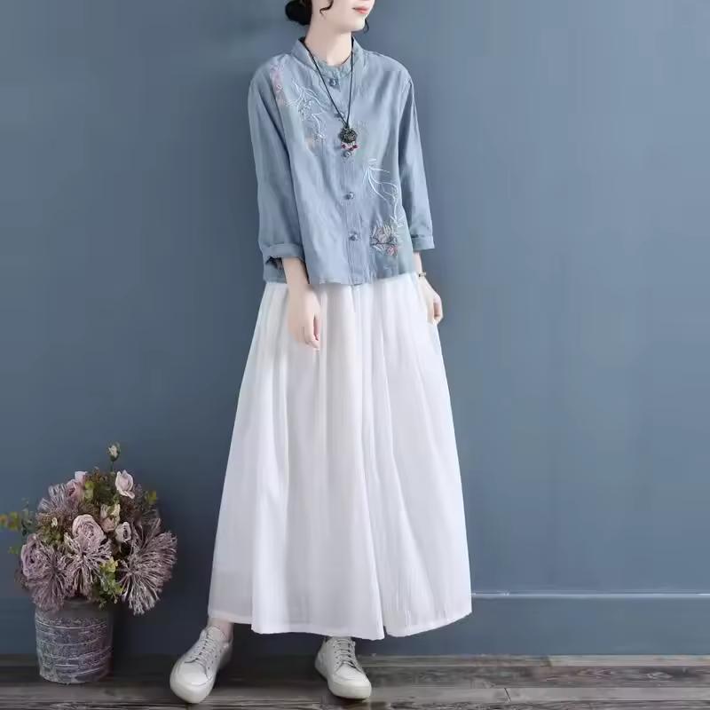 Women's Spring Chinese Embroidered Cotton and Hemp Shirt with Buckle and Stand Up Collar, Loose Tea Robe Top