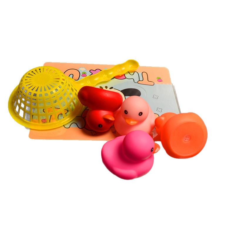 Baby Bath Toys: Squeeze & Squawk Yellow Duck with Net and Soft Marine Animal Set