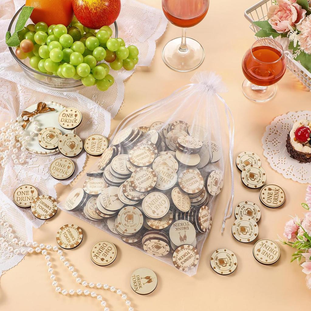 200 Pcs Wooden Drink Tokens Bulk Wedding Drinks Tokens with Organza Bags Wooden Nickels Free Drink Tickets Bar Poker Chips for Party Bar Tickets