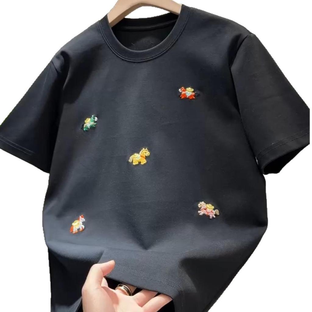 Plus Size Cartoon Embroidered Cool Cotton Summer T-Shirt (21s, Age-Reducing, Versatile, Casual)