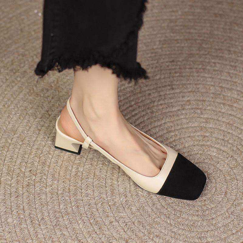 Xiaoxiangfeng Baotou Sandals Women's 2025 New Summer Versatile French Medium Heel Back Empty Women's Shoes Thick Heel Color Matching Shoes