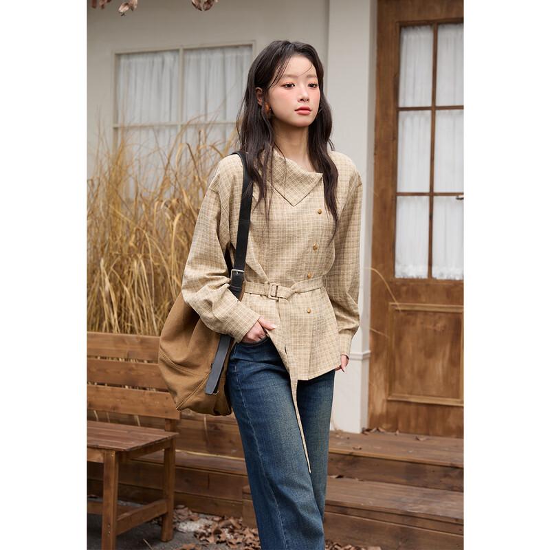 Retro Brushed Khaki Plaid Belted Shirt S