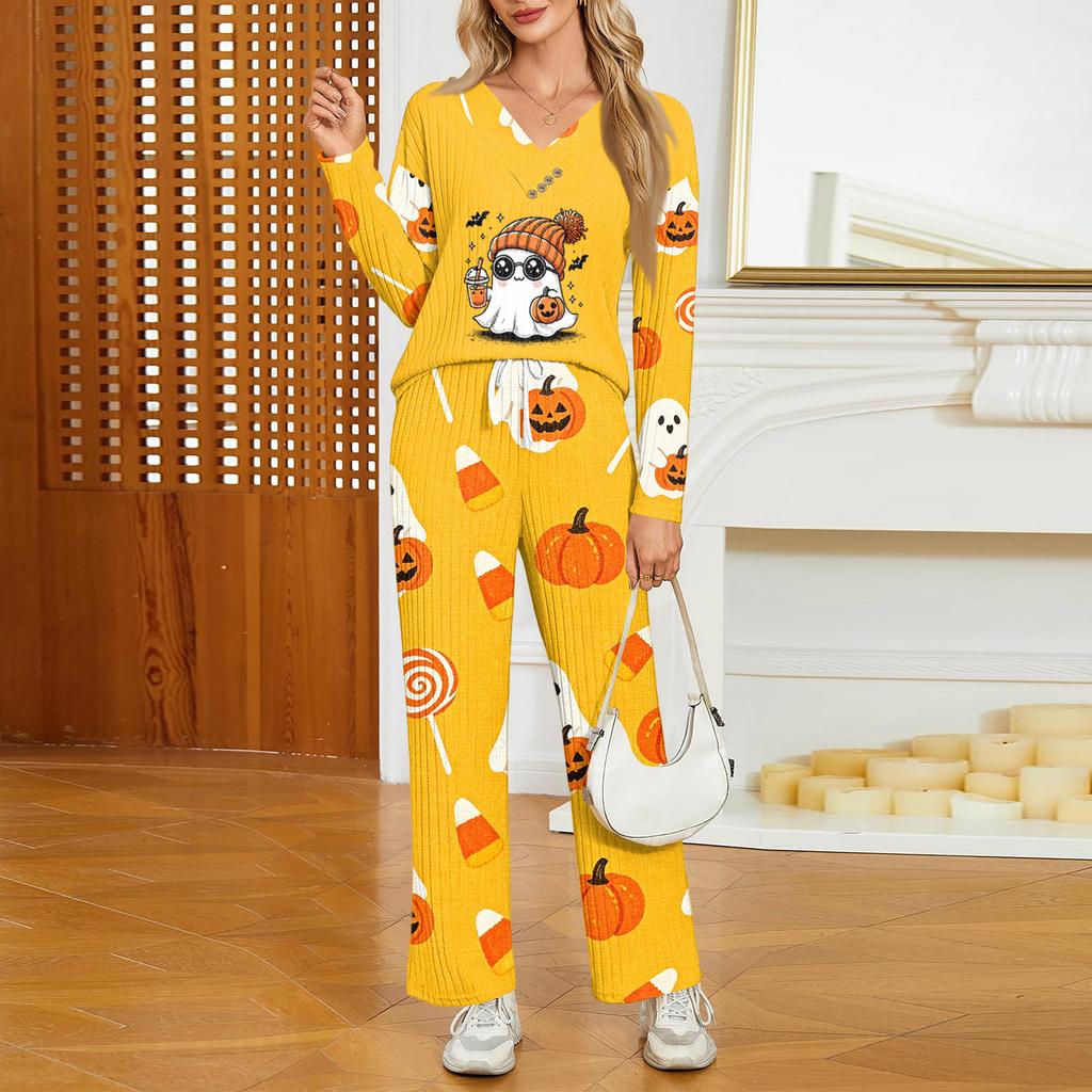 Women's Halloween Print V-Neck Long Sleeve Pajama Set with Pockets Loose Fit Sleepwear Set