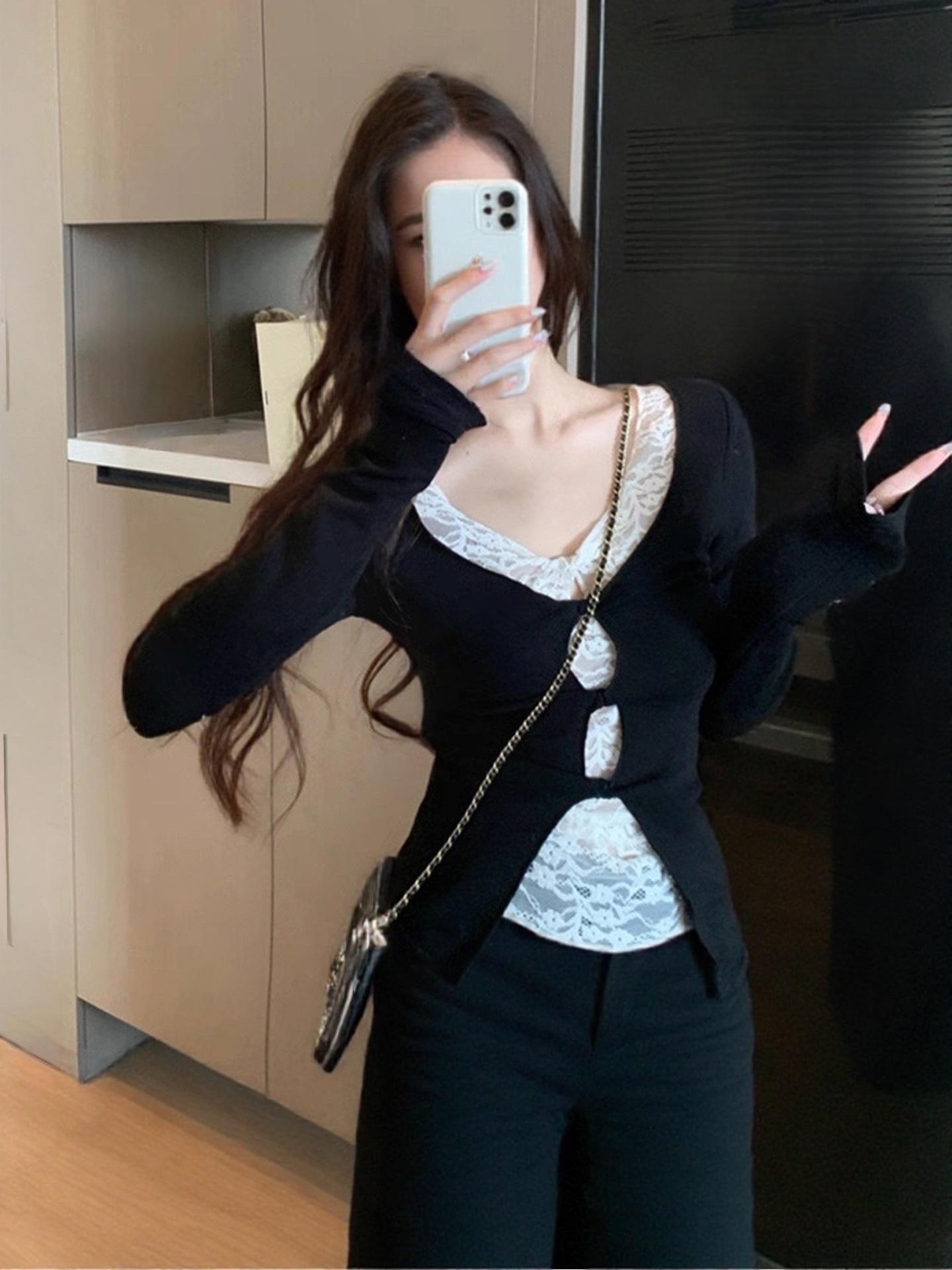 2026 Spring Women s Slim Fit Long Sleeve Lace Patchwork Two-In-One Top One Size чёрный