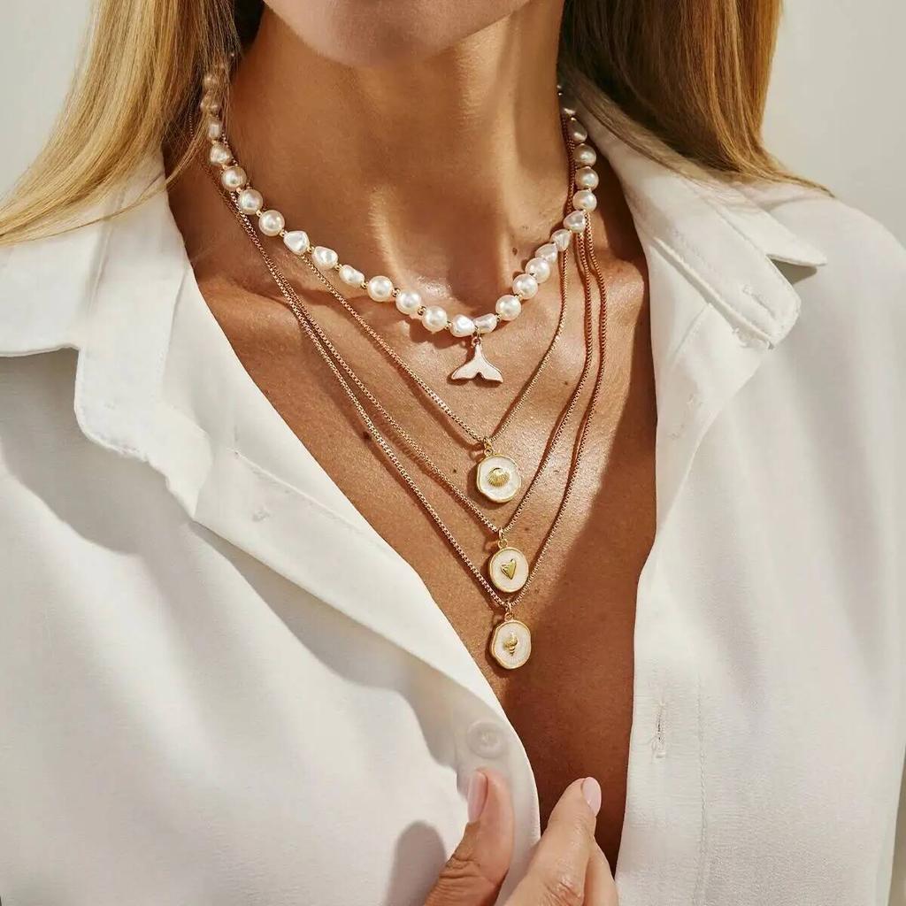 IngeSight.Z 4 Stück Imitation Perle Fischschwanz Anhänger Halskette Set Damen Trendig Exquisit Mehrschichtig Schlüsselbein Kette Damen Schmuck