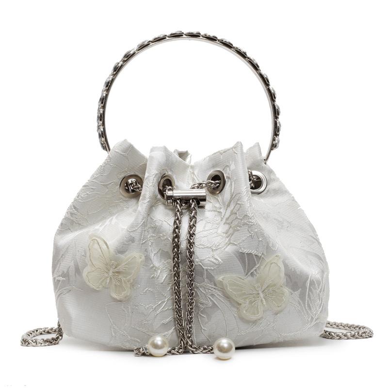 Spring and Summer New Personalized Embroidery Butterfly Pleated Portable Bucket Bag Fashionable Versatile Sweet Foreign Style Chain Messenger Bag