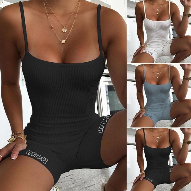 

Summer New Women Spaghetti Straps Low Cut Jumpsuits Sexy Bodycon Sports Fitness Jumpsuits Lucky Label Printed Jumpsuits Rompers Shorts S чорний
