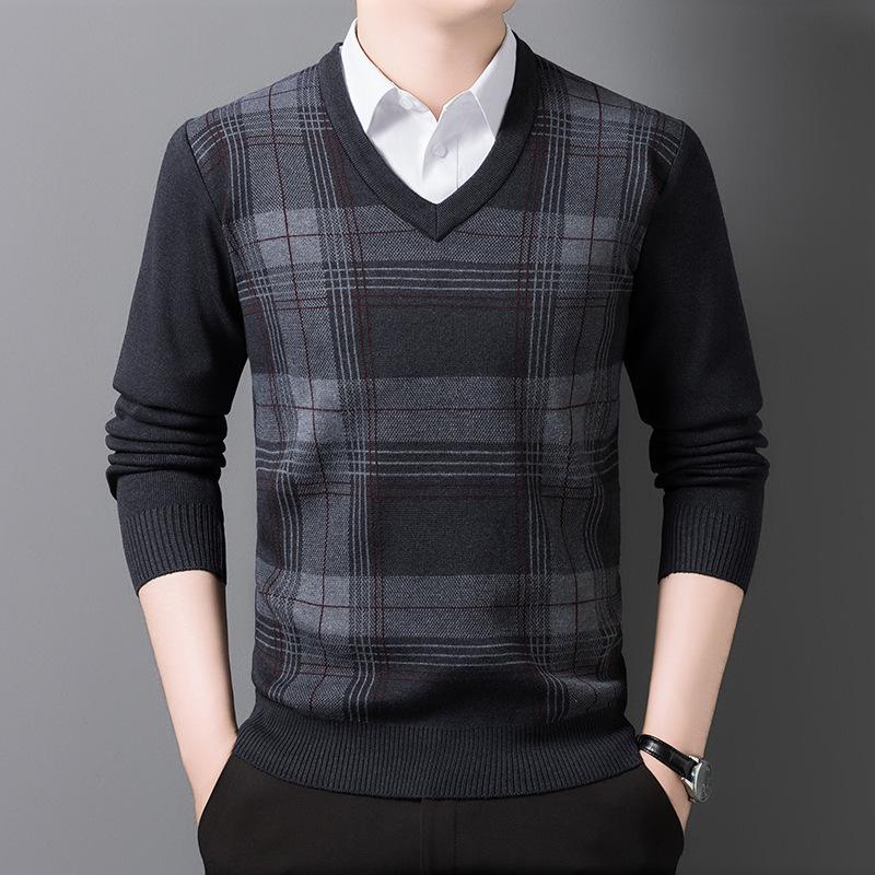Middle Aged Men Thickened V Neck Plaid Casual Versatile Knitted Sweater Warm Base Layer Autumn Winter New Style Top