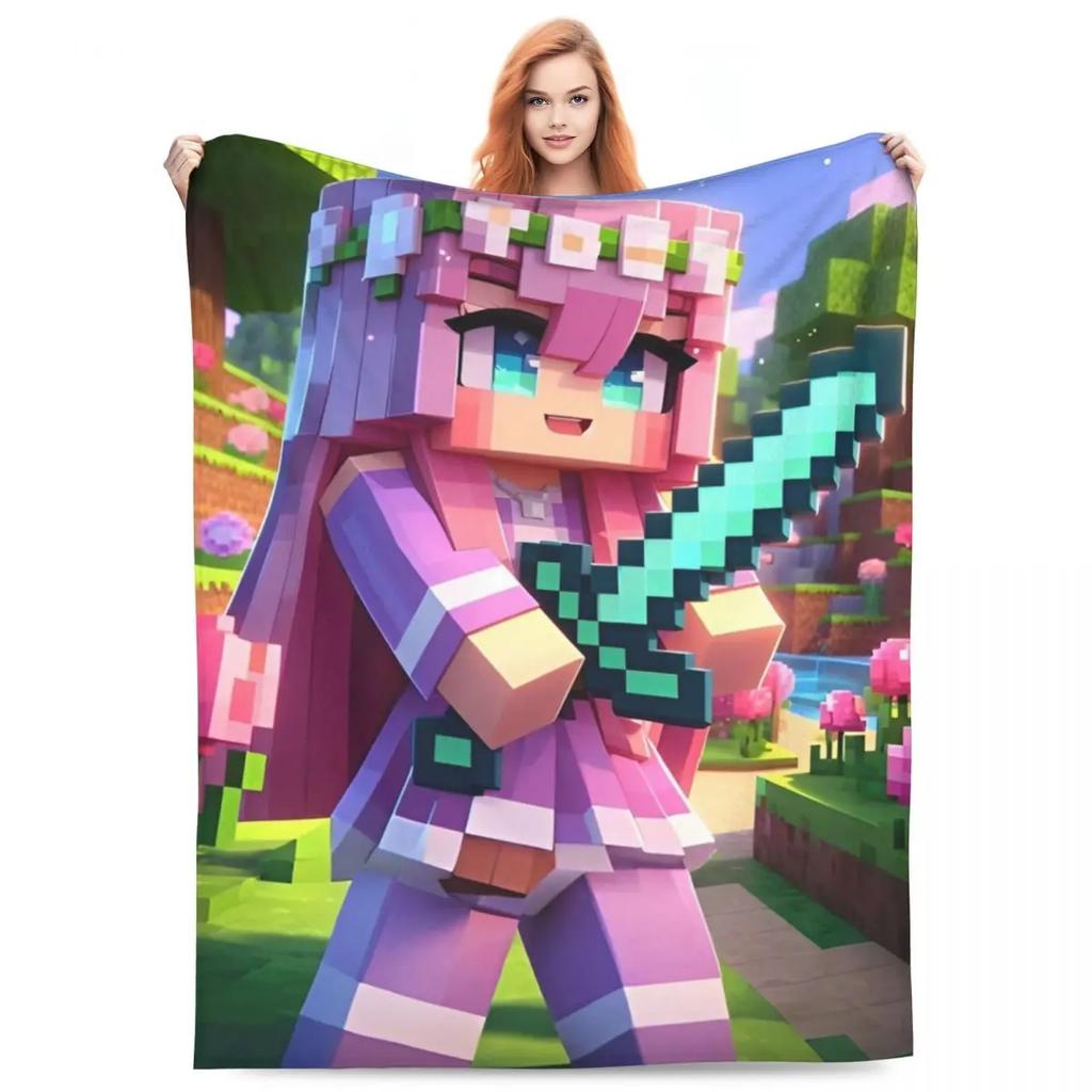 Cartoon Mines Pixel Game Crafts Flannel Blanket Super Warm Throw Blanket for Home Decor Decorative Street Trend Bedspread