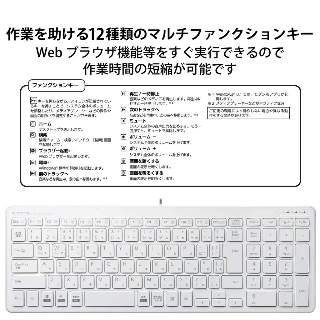 ELECOM Wired Pantograph Compact Keyboard, White, TK-FCP097WH