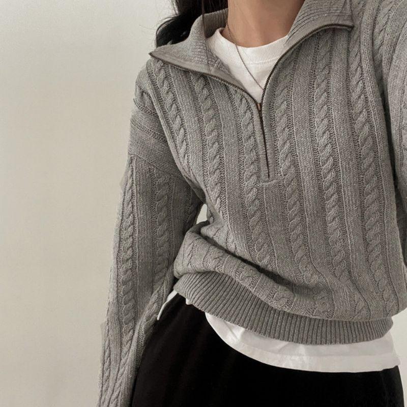 South Korea Chic Autumn and Winter Chunky Knit Top Women Retro Twist Half Zipper Lazy Short Sweater Coat