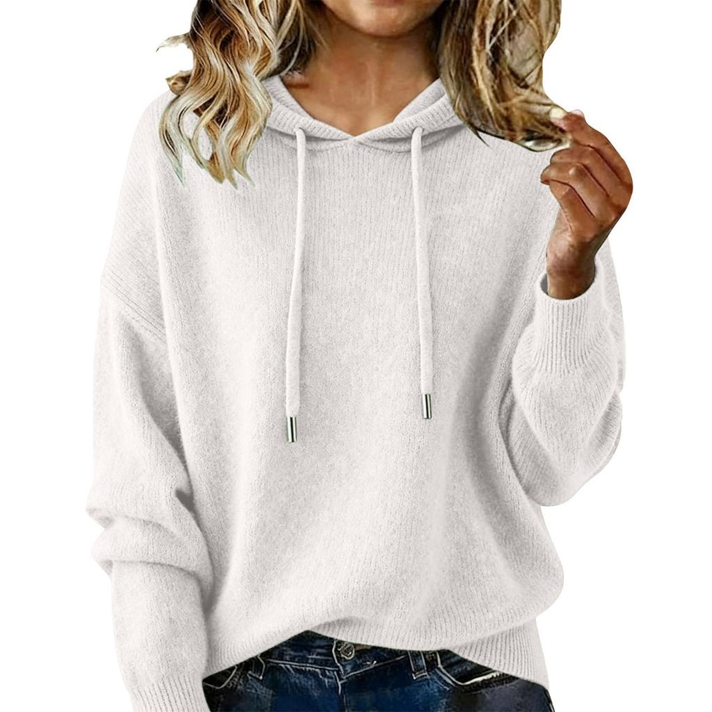 Fall Winter Women's Solid Color Drawstring Hooded Fleece Sweater Long Sleeve Casual Top for European American Crossborder