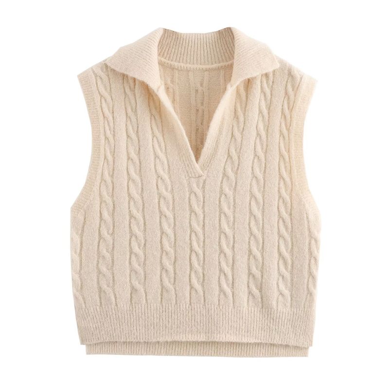 Kaslead New Arrival Women's Clothing Fashion Style Old Money Style Polo Lapel Cable Stitch Knitting Sweater Vest