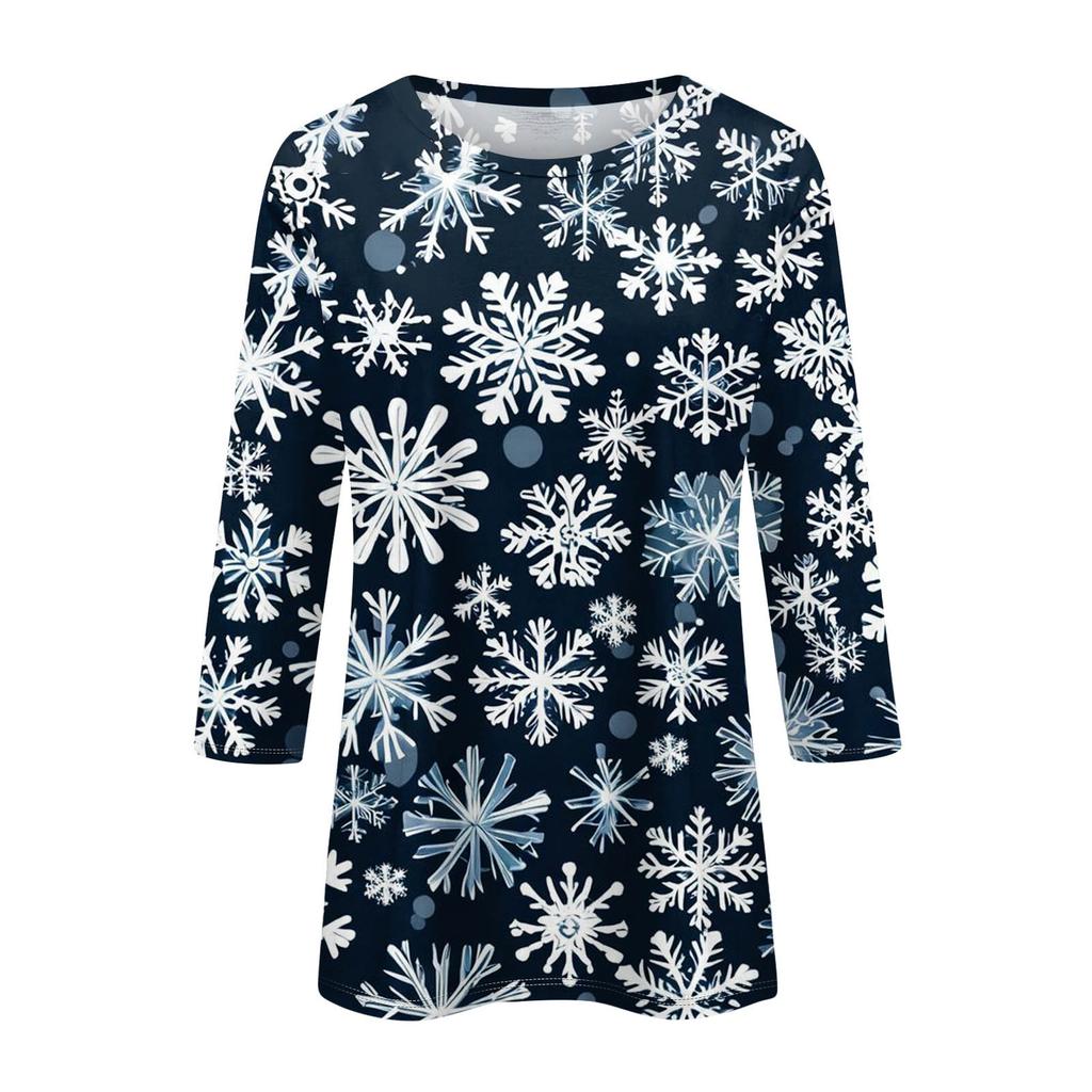 Women's Fashion Casual Seven Sleeve Christmas Printed Round Neck Top