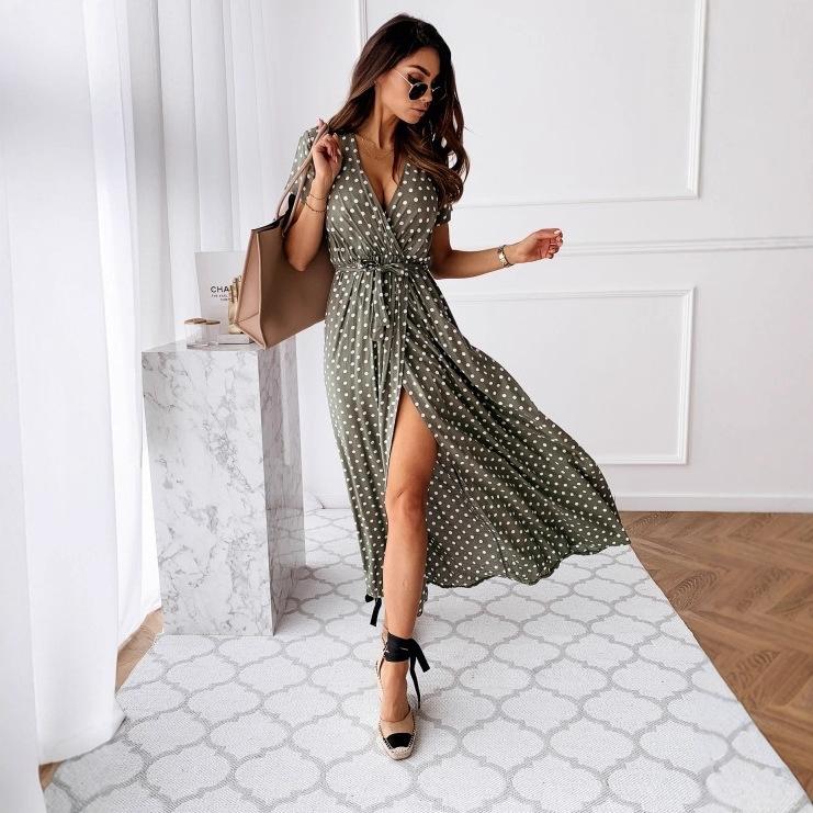 Summer short-sleeved V-neck bohemian polka dot print dress long dress temperament