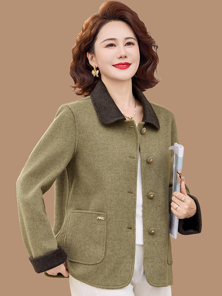 Mom's Spring Woolen Double-Sided Coat: Elegant, Mid-Aged Women's Loose Lapel Top for Spring/Autumn