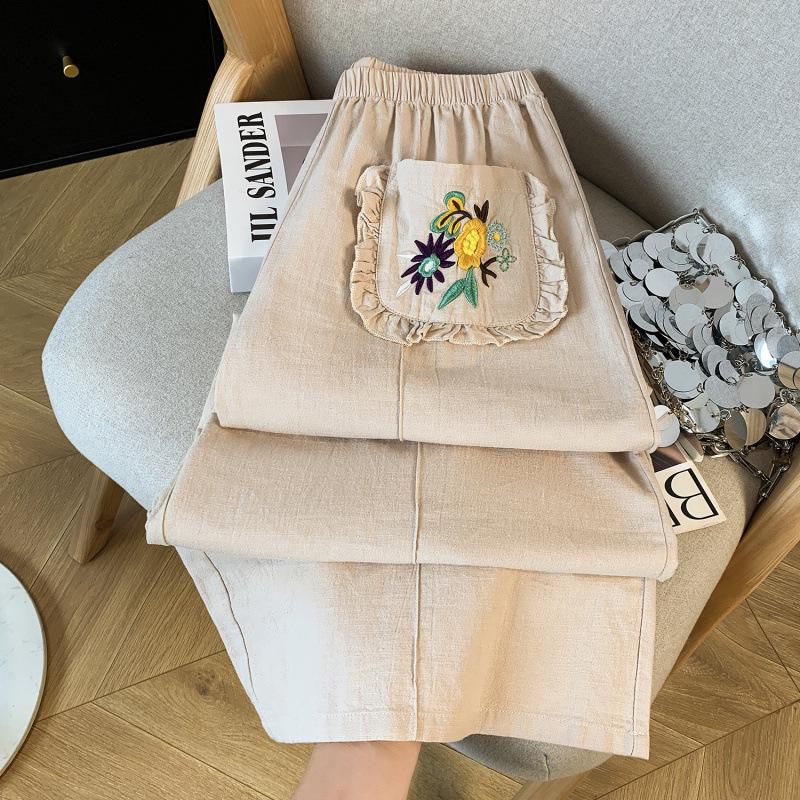 Japanese Mori Girl Embroidered Cotton Linen Wide-Leg Crop Pants - Summer Casual Wear for Women