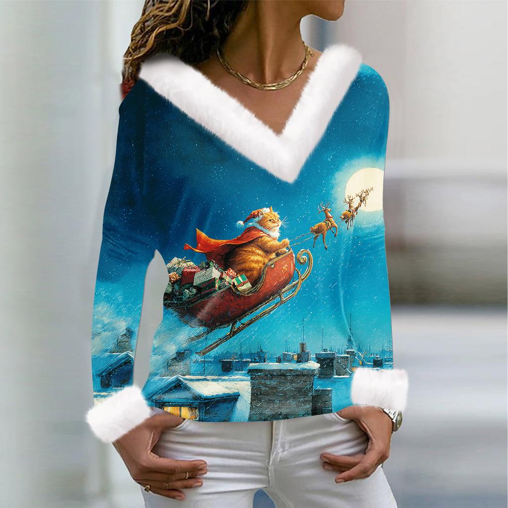Women's T Shirt Tee Christmas Shirt Long Sleeve Party Christmas Print Fleece Collar V Neck Top