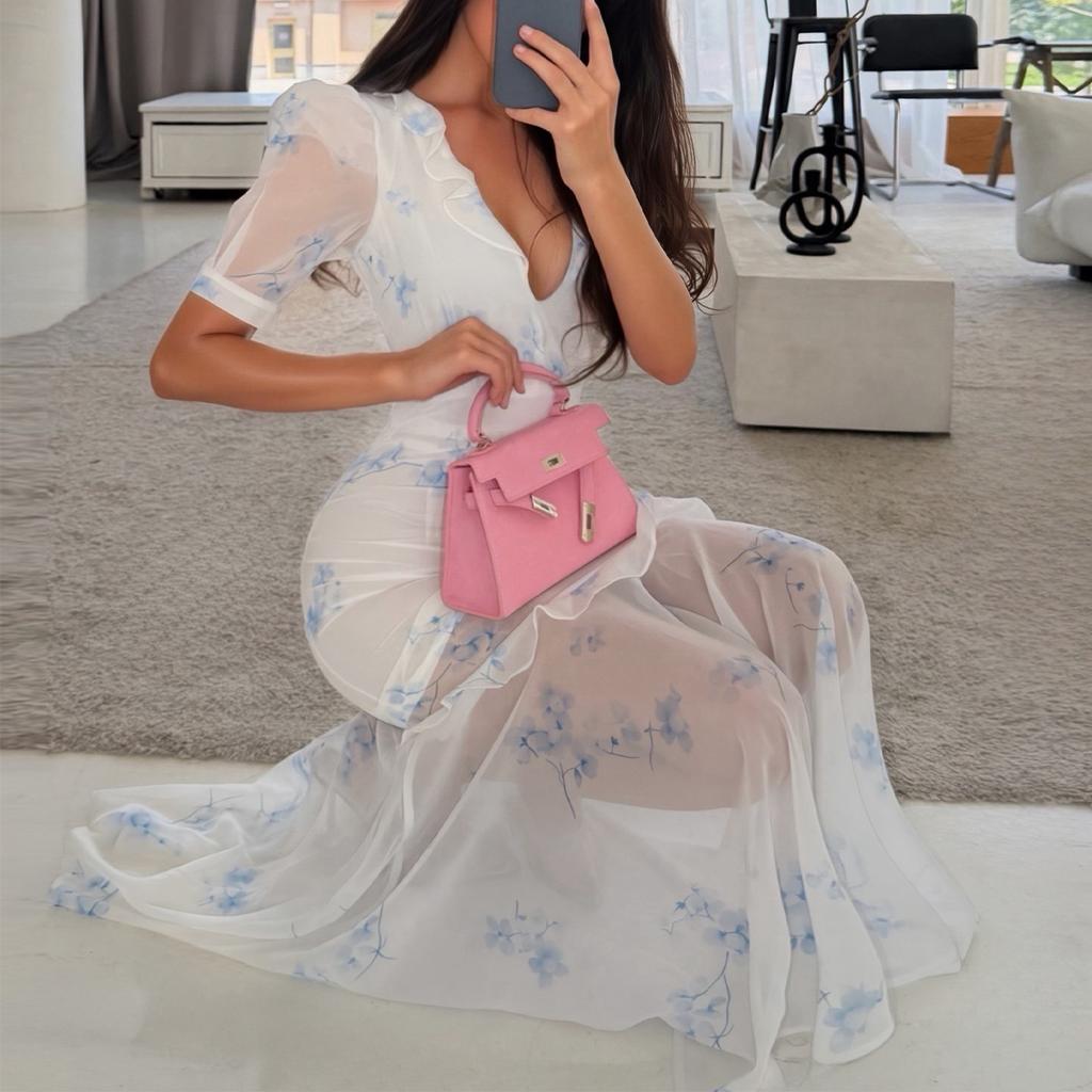 European and American women's clothing 2026 summer new elegant perspective chiffon deep V ruffle edge high waist fishtail dress