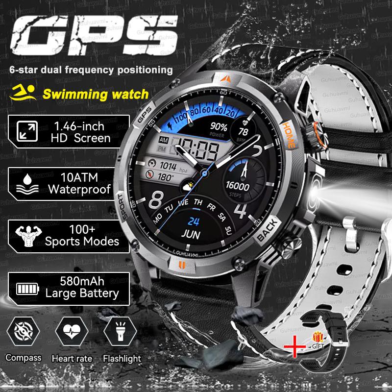 New Adventure GPS Map Navigation Smart Watch AMOLED Screen 10ATM Waterproof Clock Compass Flashlight BT Call Smartwatch Men