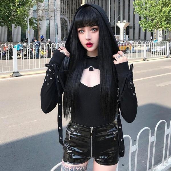 Women Gothic Punk Hoodies Bandage Sexy Vampire Halloween Sweatshirt Crop Top