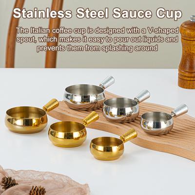 Sauce Cup 304 Stainless Steel Espresso Measuring Cup with Ergonomic Wooden Handle V-Shaped Spout Coffee Milk Tea Sauce Holder