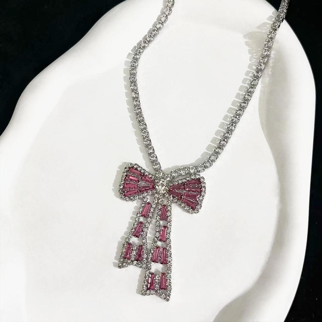 Korean Bow Necklace Ins Full Diamond Tassel Temperament Light Luxury Rhinestone Simple Neck Chain Collarbone Chain Fashion Jewelry