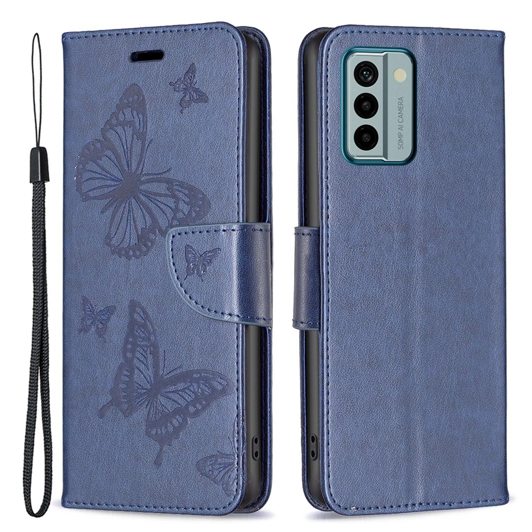 

For Nokia G22 Butterfly Imprinted Wallet Stand Phone Leather Case Phone Cover with Strap Blue