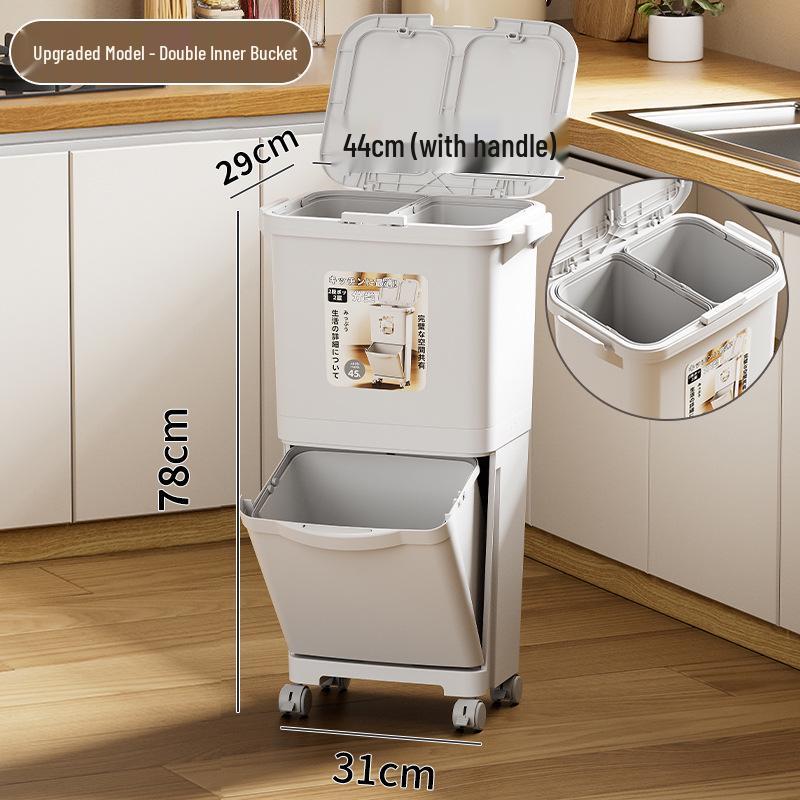 Double-Layer Press-Type Kitchen Trash Can, Thickened, Large-Capacity, Dry/Wet Separation, No Bending Needed, with Lid