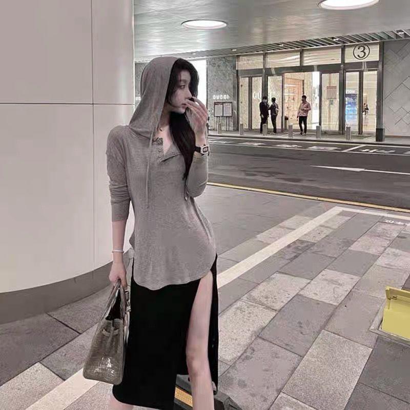 Ins Cienka, luźna koszulka z kapturem i długim rękawem Internet Celebrity Design Sznurowana na guziki z wysokim stanem