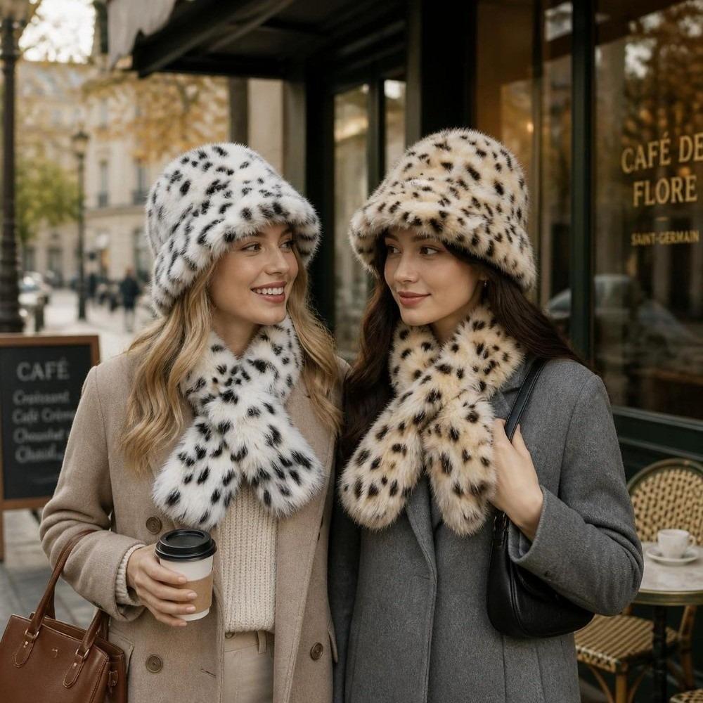 2-Piece Set Rolled Brim Faux Fur Bucket Hat Winter Head Neck Accessories  Cold Weather Outfit