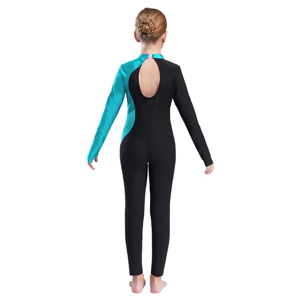 Girls Sparkly Rhinestone Jumpsuit Long Sleeve Round Collar Hollow Back Patchwork Style Dance Performance Outfit