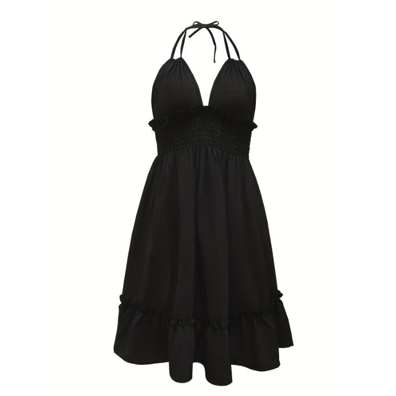 Abito Halter senza schiena, Abito da festa con vita arricciata e volant, Abbigliamento da donna