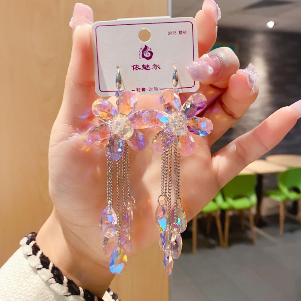 New Colorful Flower Tassel Crystal Long Dangle Drop Earrings for Women Korea Fashion Luxury Wedding Party Banquet Jewelry