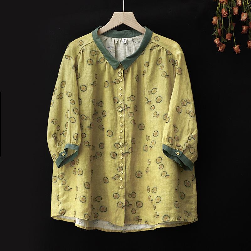 Damen Sommer Baumwolle und Leinen Kurzarmanzug Koreanische Version Bedrucktes Retro-Oberteil + Hose Zweiteiliger Anzug Damen