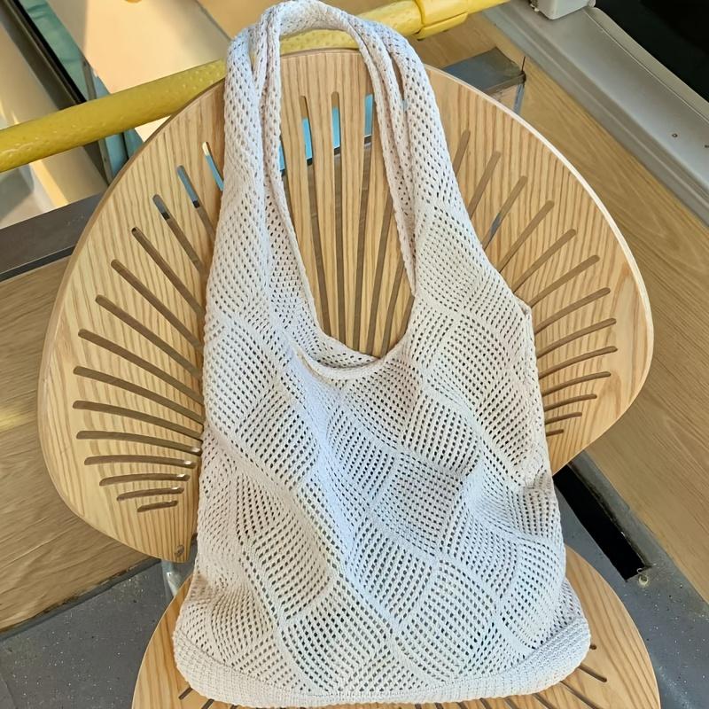 Дышащая трикотажная сумка-тоут - летняя сумка через плечо с ажурным переплетением и вместительным дизайном, легкий полиэстер, для пляжа, шопинга и повседневных прогулок бежевый