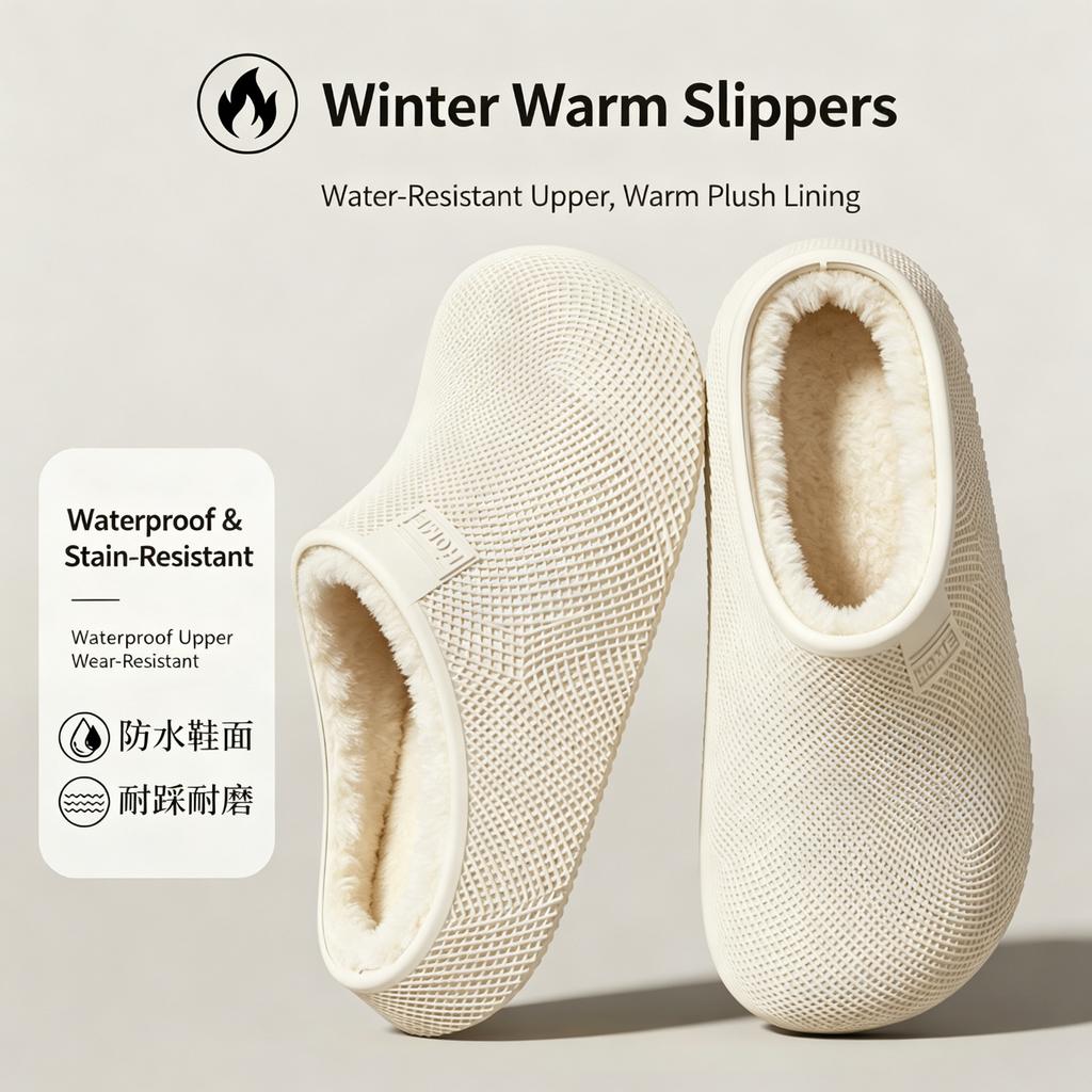 3.0cm Thick Sole Winter Warm Clogs Women Men Plush Lined Non-Slip Waterproof Mesh EVA Indoor Outdoor Casual House Shoes