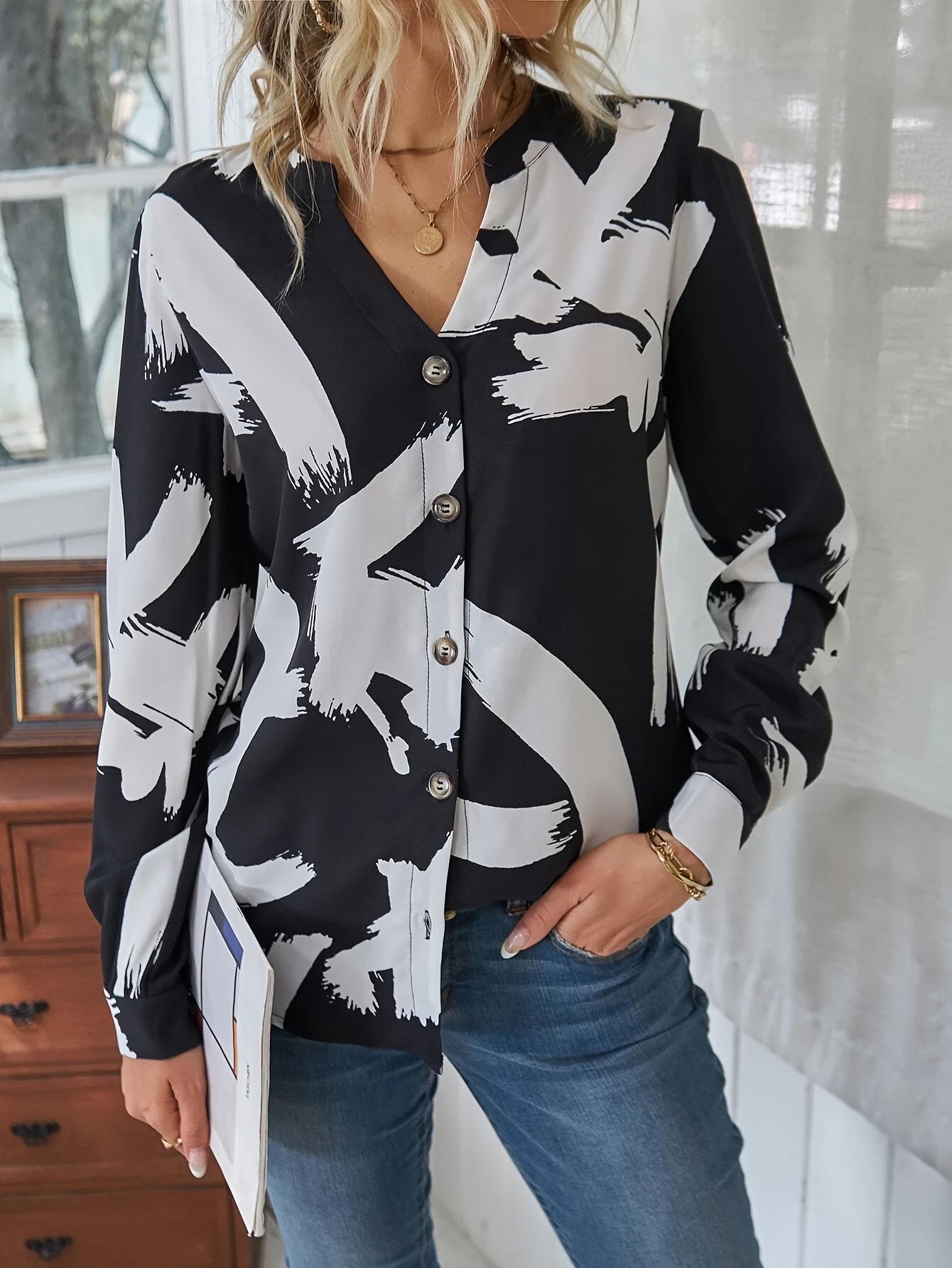 

2024 Абстрактный принт V-образный вырез с разрезом Рубашка-топ с длинным рукавом XXL чёрный