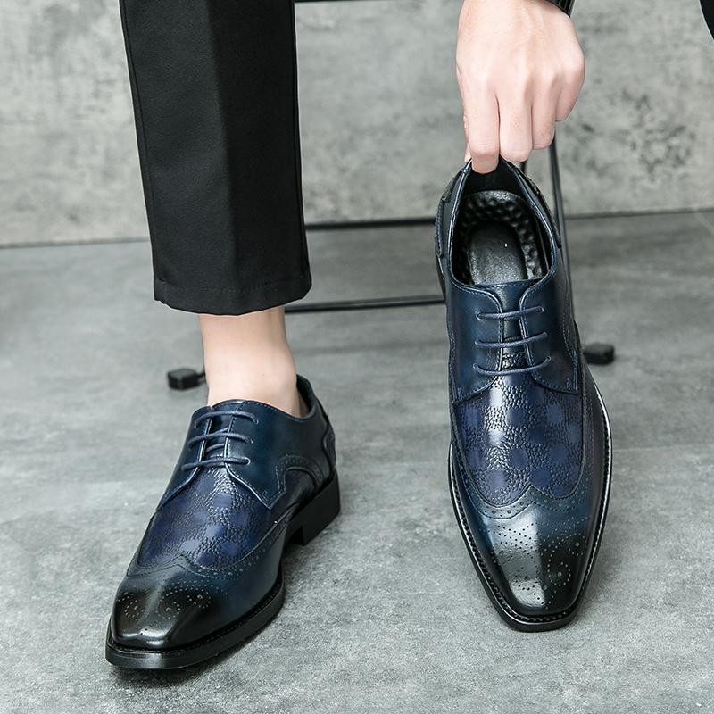 Fashion Luxury Brand Men's Brogue Shoes Pointed High-end Blue Lace Up Style Men's Business Casual Shoes British Style Dress Shoes