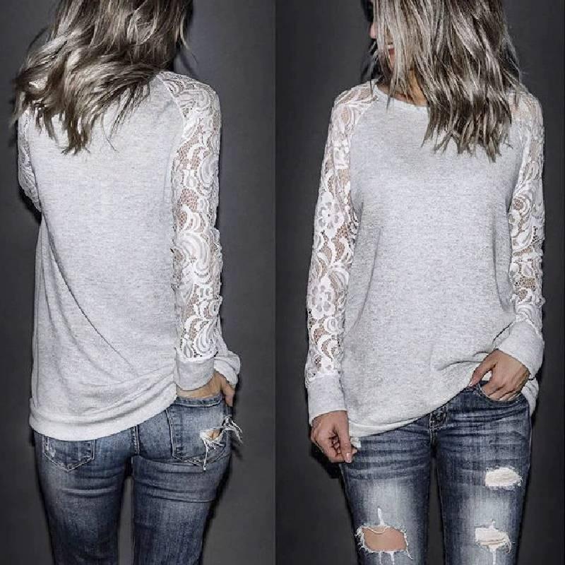 Trim Grey Lace Crew Neck Fitted Tshirt Blended Fabric Hoodie Women Sleeve Long