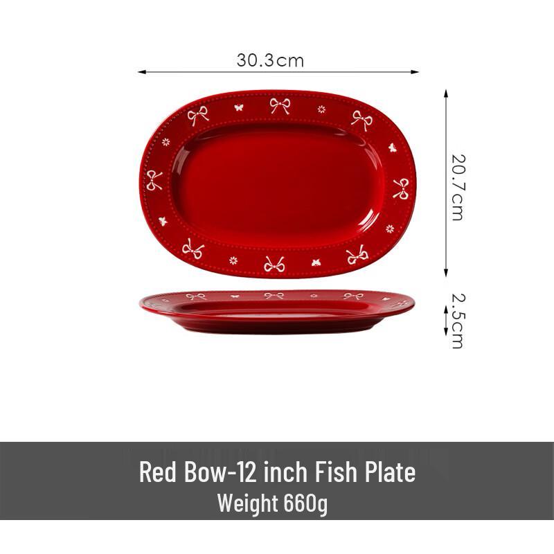 OIMG Red Bowknot Ceramic Fish Plate