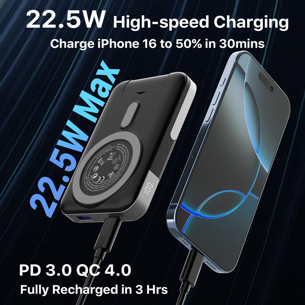 New Arrival 10000mAh Portable Power Bank Waterproof PPS Magnetic Wireless Charging 22.5W Fast Charging DC External Power Station