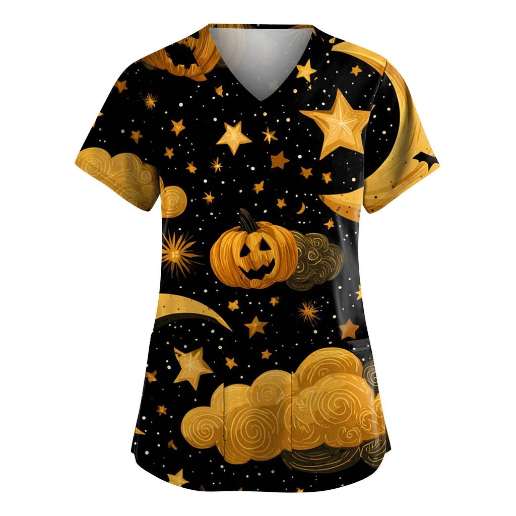 Women's Fashion V-Neck Short Sleeve Overalls With Pockets Halloween Printed Tops  Apparel