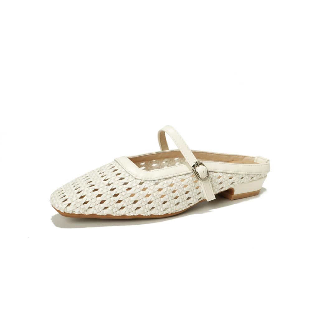 Hollow woven bag head half slippers women's summer wear is beautiful, not tired feet thick heel sandals